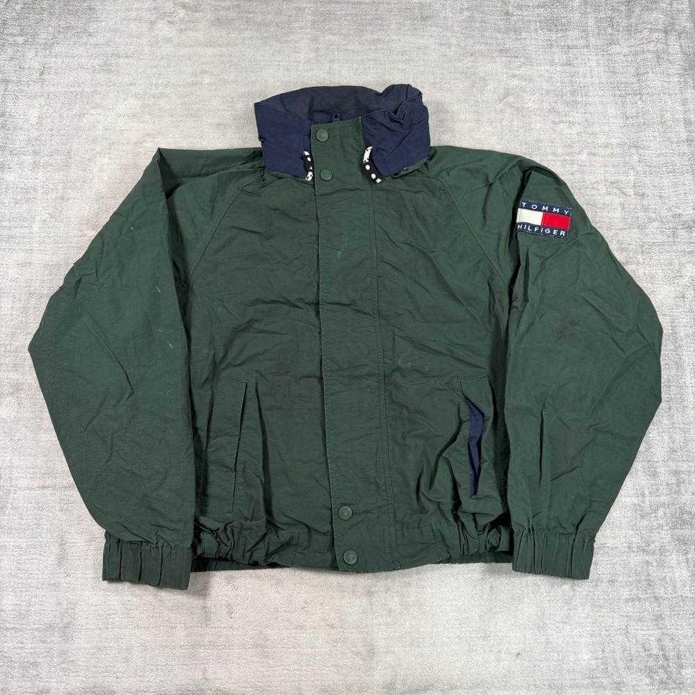 Tommy Hilfiger Jacket Mens Large Green Sailing Vintage 90s Flag Windbreaker